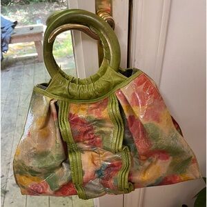 Claudia Roldani Italian Floral Leather Ruffle Front Handbag